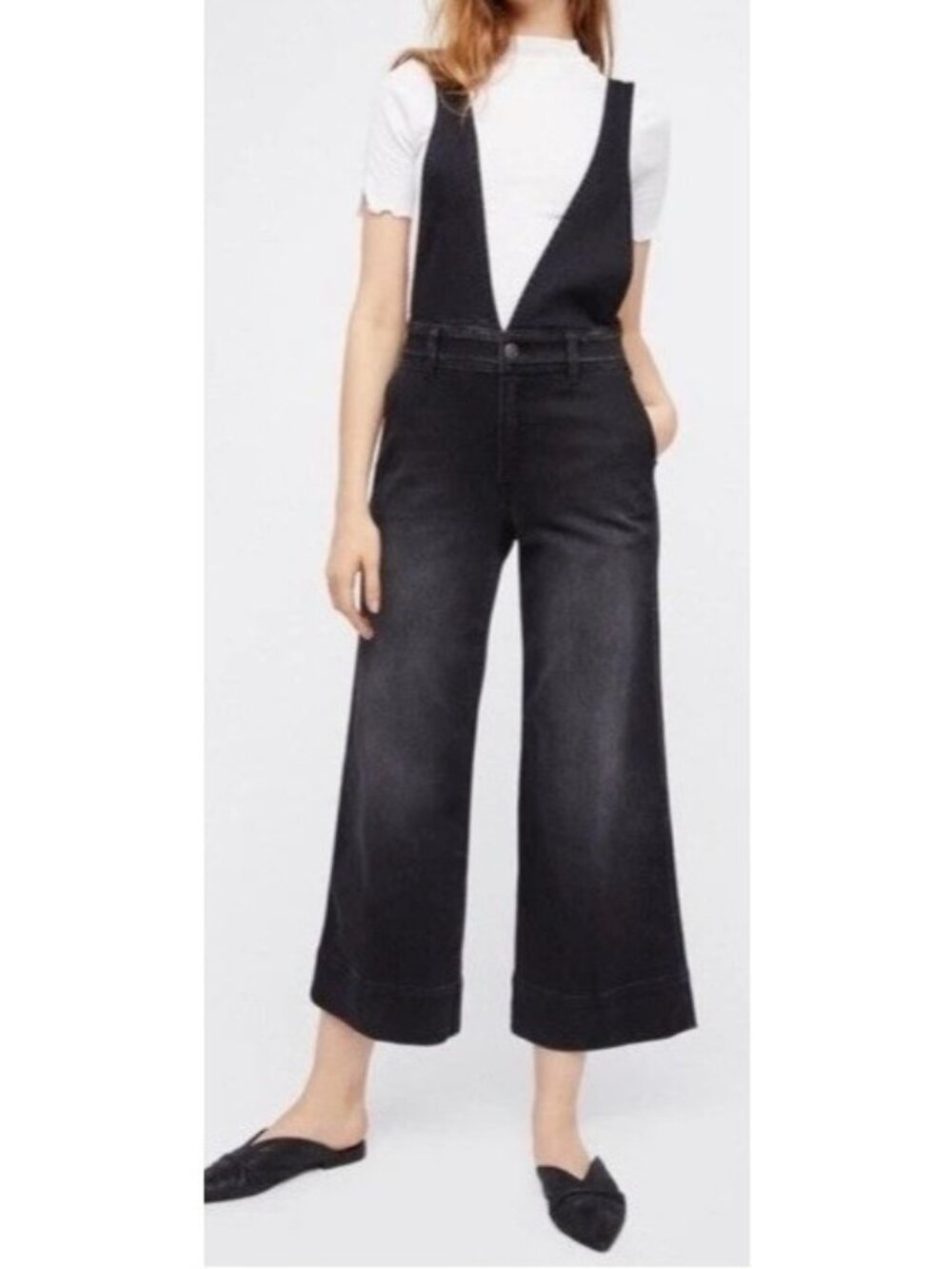 Womens Free People Black Deep V Denim Overalls SZ 0 A-line Cropped Wide Leg Boho
